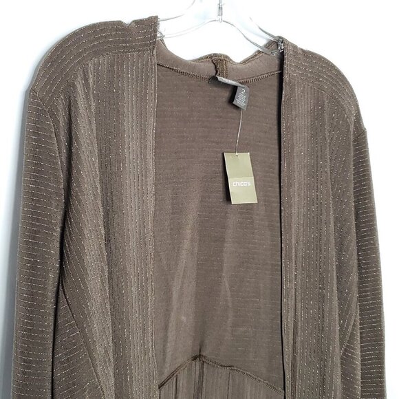 Chico's Travelers Open Cardigan Jacket Sz 2 Large Brown Gold Metallic Pin Stripe - Picture 2 of 5